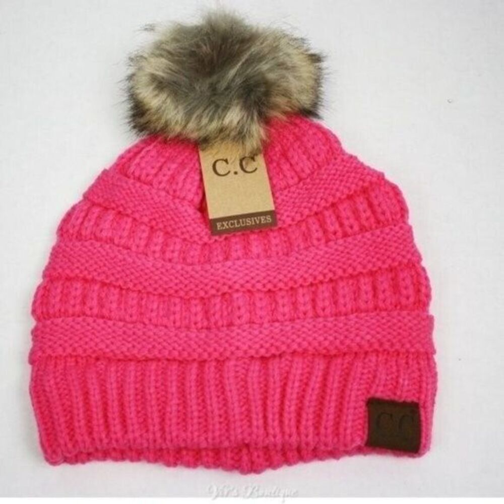C.C. Ribbed Knit Beanie Hat Candy Pink with Taupe Pom Women's One Size - Picture 2 of 3